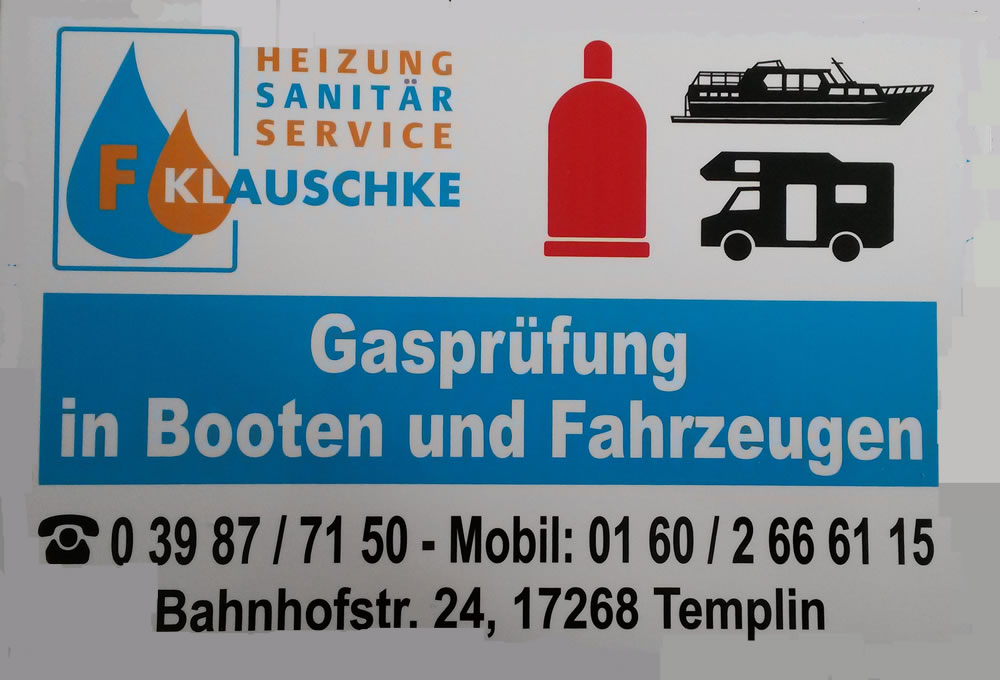 Uckermark Werks-Kundendienst fr Sanitr, Heizung, Klima, Solar, Wrmepumpen, Kaminfen, lheizungen- und Gasanlagen fr Camping, Boot und Wohnmobile, Gasherde und Gas Auenwandheizer. Regelmige berprfung von Flssiggasanlagen in Fahrzeugen wie Kochstellen oder Heizungen, z. B. in Campingfahrzeugen, mobilen Verkaufsstnden, Lkw-Fahrerkabinen